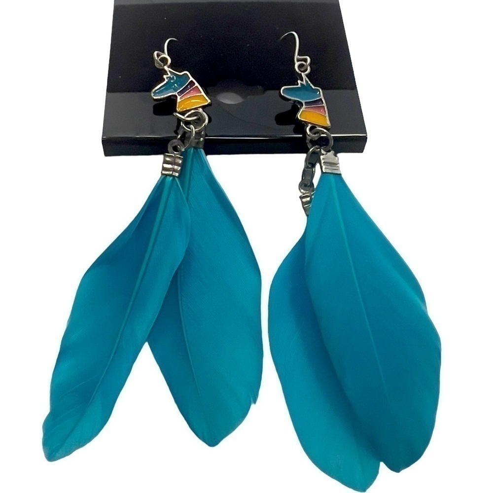Unicorn Blue Aqua Feather Long Boho Dangling Earrings